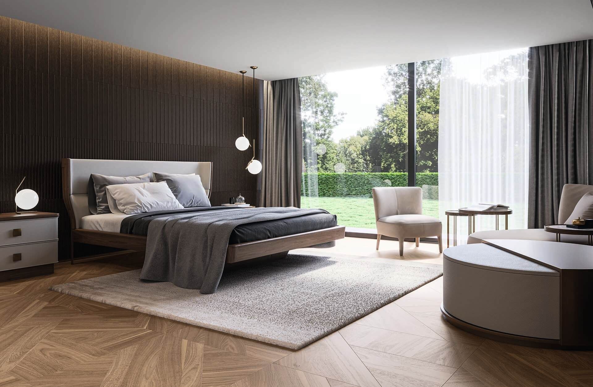 Bedroom with solid wood floor and bed - Wood Interiors