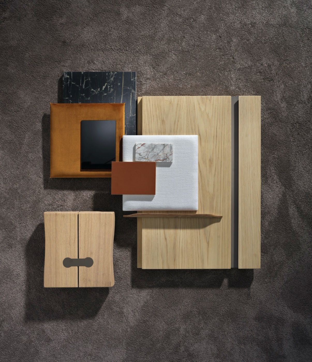 Moodboard: Rovere Natura with insert in Piombo metal finish and metal joints in Terra finish - Wood Interiors