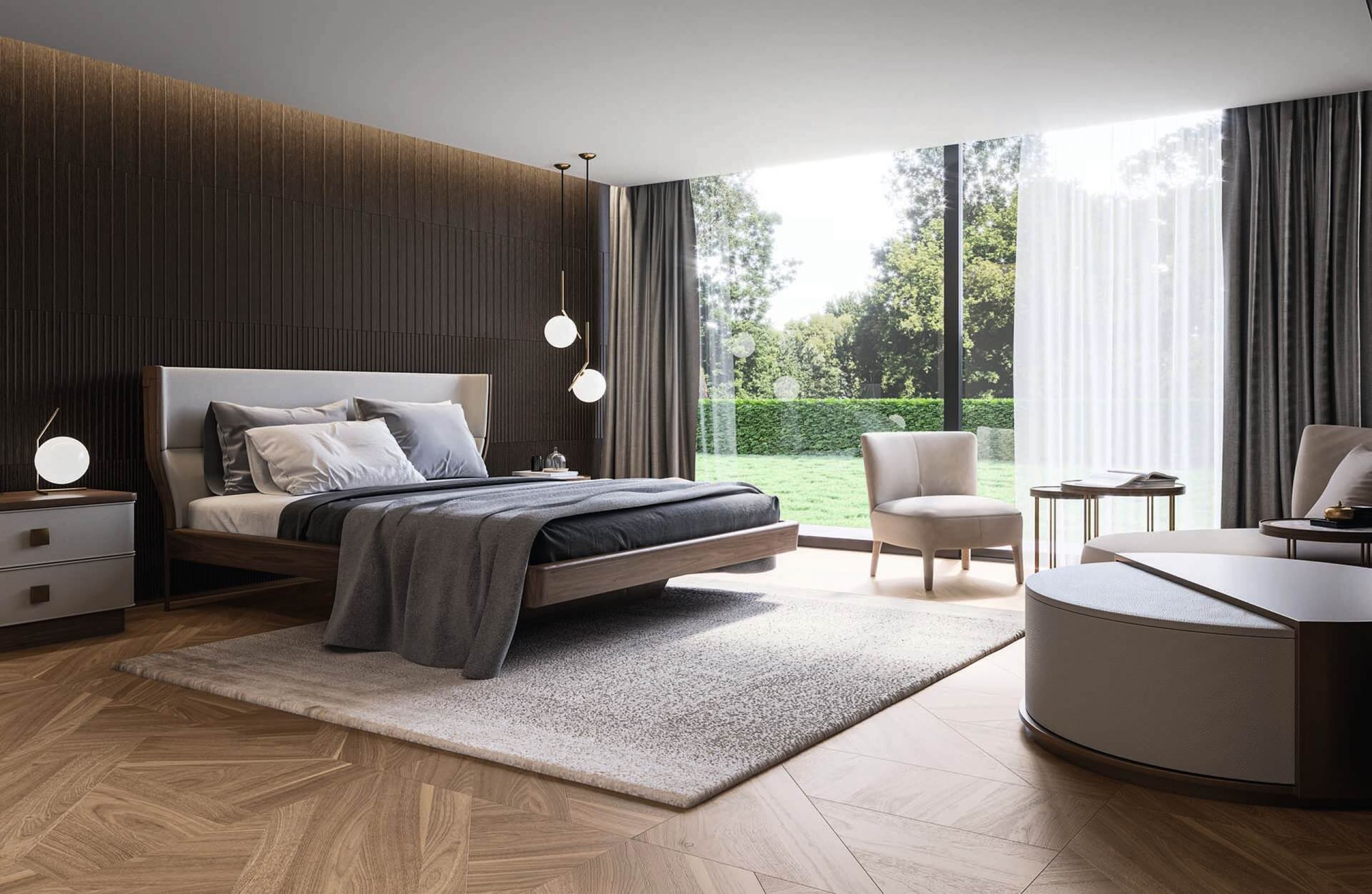 Chambre avec revêtement de sol et lit en bois massif - Wood Interiors