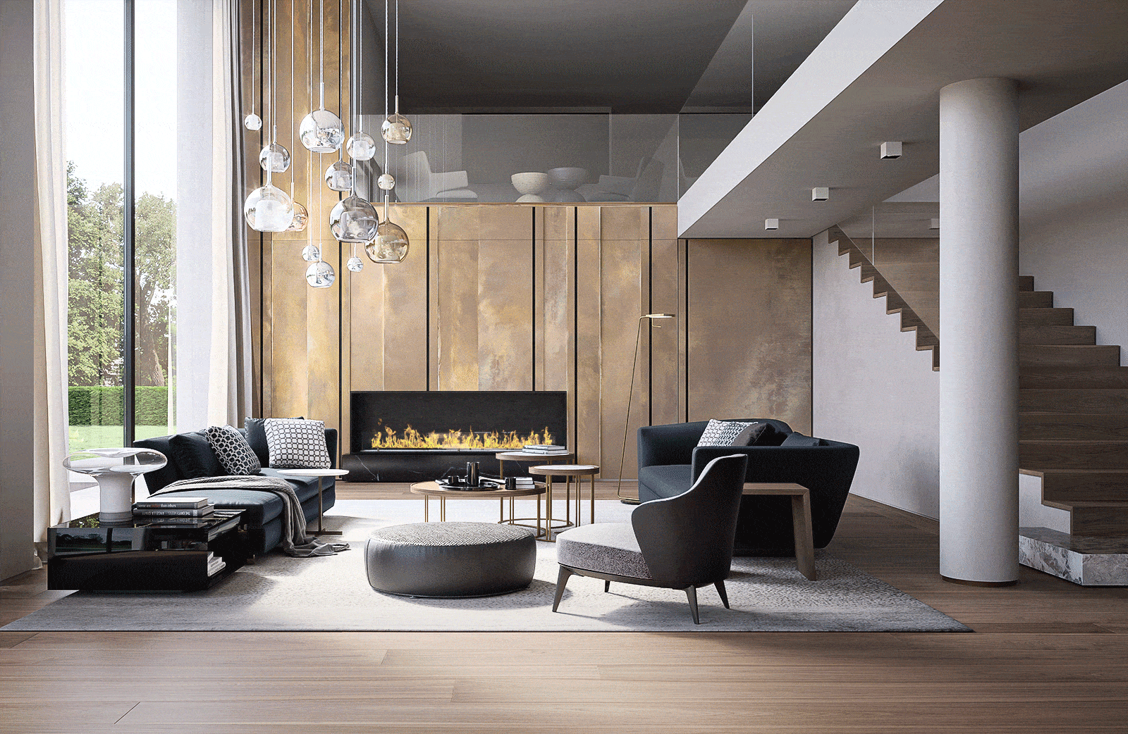 Living room with wooden elements and fireplace - Wood Interiors